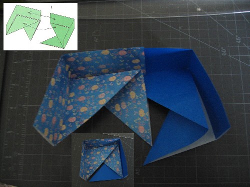Y aquí viene lo más complicado, el ensamblaje. Introduce el lateral de la pieza dentro del pliegue vertical (altura de la caja) y dentro del pliegue horizontal (base de la caja en forma de triángulo).